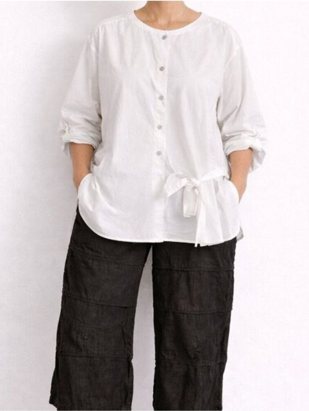 Organic Generation White Tie Waist Blouse Small Lagenlook Artsy Minimalist